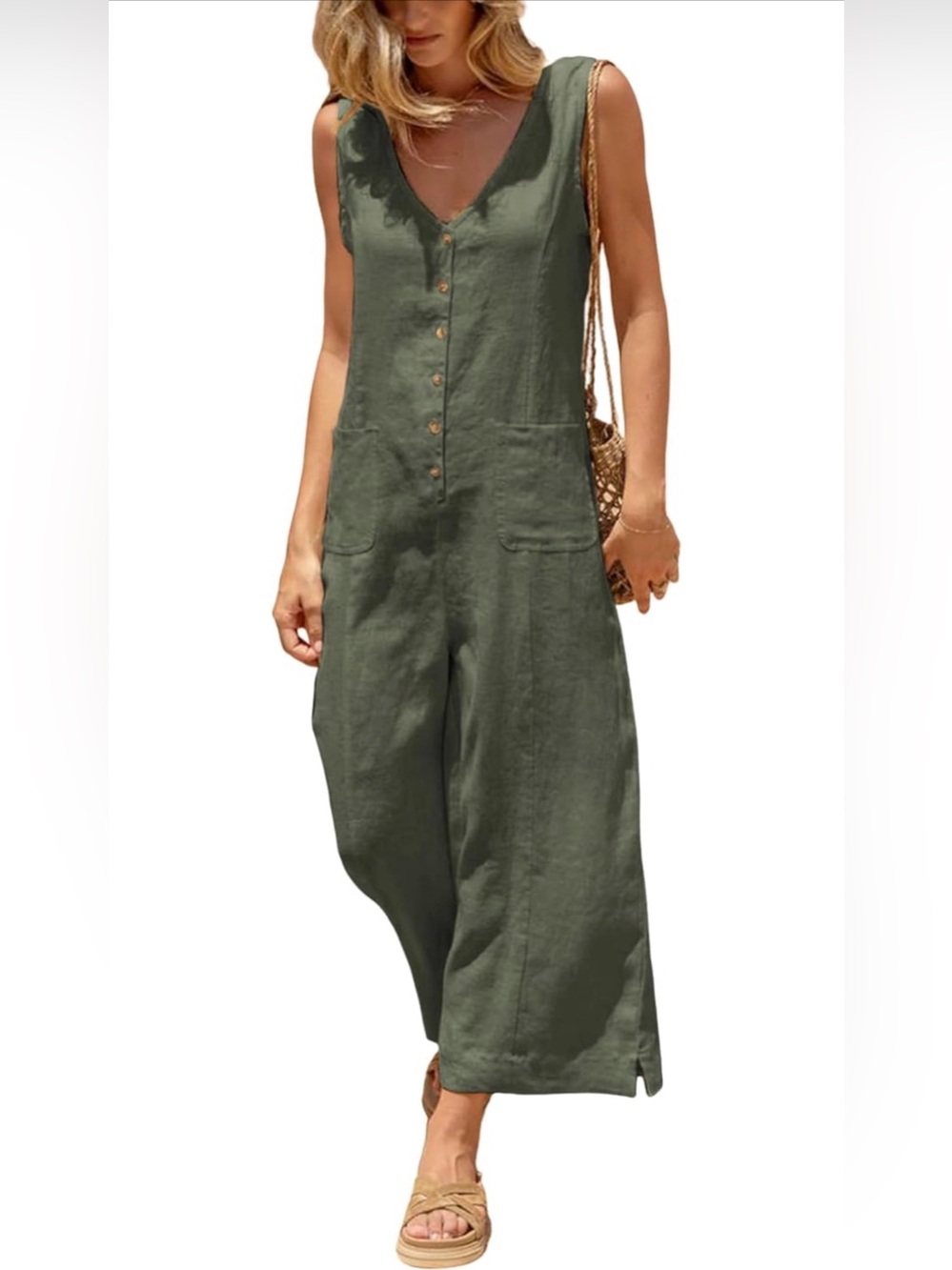 Sleeveless Button-Front Olive Green Linen/Cotton Blend Jumpsuit